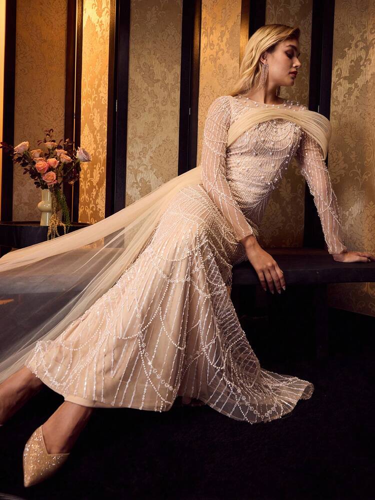 MOTF Soiréza 우아한 라운드 넥 긴소매 플로어 길이 진주 장식 파티 가운, 숄더 액센트, 옆면 시스루 튤 트레인 & 머메이드 물고기 꼬리 스커트, 비즈 장식 원단, 모든 시즌 공식 행사 및 갈라를 위한 슬림핏 실루엣