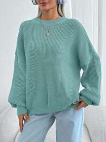 EURMUSE 女士纯色圆领落肩厚实套头衫 - 薄荷綠 - 查看 6