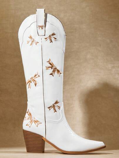 SHUZIA Eleganckie, kowbojskie buty w stylu western z noskiem w szpic i haftowanym grubym obcasem do połowy łydki