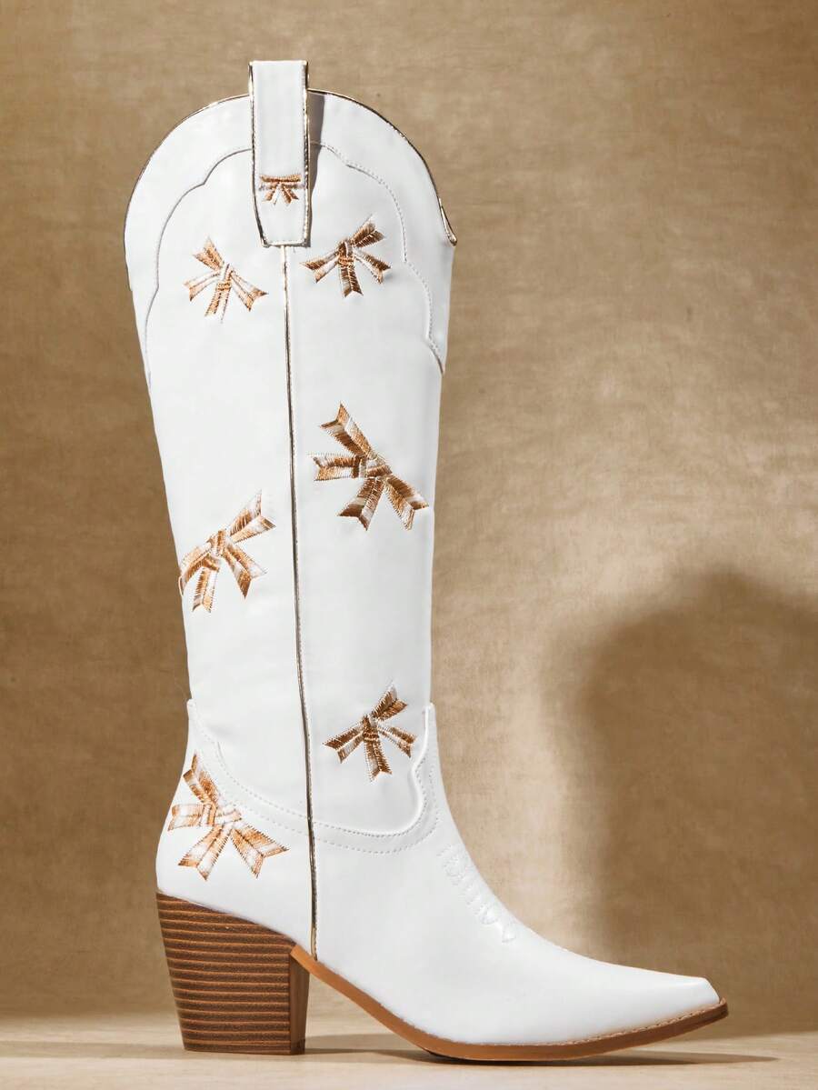 SHUZIA Glamorous Point Toe Chunky Heel Embroidery Mid-Calf Western Cowgirl Boots For Christmas - White - View 1