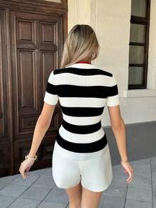 Pariaura 撞色条纹 Polo 领针织上衣，法式街头风格，短袖夏季衬衫 - 黑與白 - 查看 2