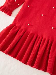 Sparklyn Christmas,Halloween Clothing For Kids,Winter,Wednesday,Black Dress,Tween Girl Round Neck Raglan Sleeve Beaded Ruffle Hem Knit Sweater Dress Girls Sweater Dress Red Kids Dress Long Sleeve Kids Dress Autumn Dress Kids Girls Autumn Dress