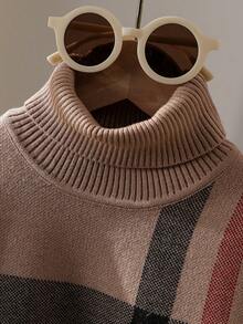 SHEIN Playful Pals Young Boy Casual Striped Jacquard Turtleneck Sweater, Soft & Comfortable For Outdoor, Holiday, Daily, School, Daycare, Play, Autumn/Winter Christmas Halloween Sweater Fall Cozy - Khaki - View 3