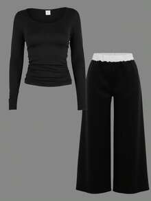 SHEIN Set de 2 piezas: Camiseta de manga larga de color negro sólido y pantalón de chándal de color contrastante para adolescentes, conjunto básico y versátil adecuado para ir al trabajo, la escuela, uso diario casual, viajes, actividades al aire libre, fiestas, otoño/invierno