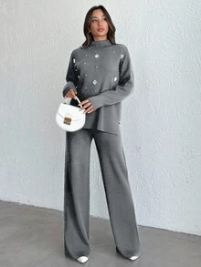 SHEIN Tall Women's Pearl Beaded Knit Sweater 2pcs/Set,Petite Co Ord,Co Ord,Petite,Winter Clothes, Tall Women - Light Grey - View 6