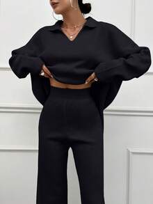 SHEIN Tall 2 قطعة/مجموعة ملابس بلون موحد مع كنزة بياقة مطوية وبنطال طويل، للنساء الطويلات - الأسود - مشاهدة 6