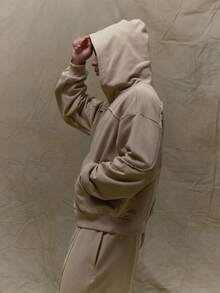 Musero Relaxed Fit Long Sleeve Double Layer Style Shoulder Hoodie Premium Tracksuit Raw Seam Effect Pocket Fall SPRING SUMMER - Grey - View 5