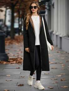 EMERY ROSE 女士蓬松连帽长款常规外套 - 黑色 - 查看 4