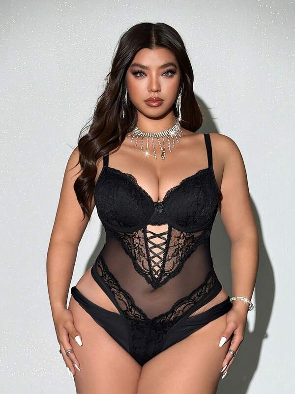 Viva Relle Plus Size Women's Lace Contrast Color Bodysuit, Suitable For Daily Wear, Spring/Summer/Autumn