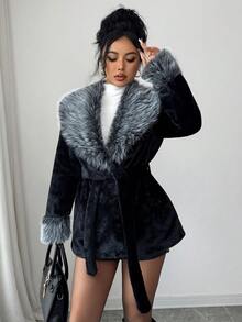 Elenzga 女士新款优雅仿皮草拼接长袖仿皮草外套，冬季 - 彩色 - 查看 6