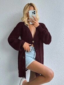 EURMUSE 1pc Women's Casual Daily Loose Single Button Drop Shoulder Cardigan, Autumn/Winter - Red Violet - View 4