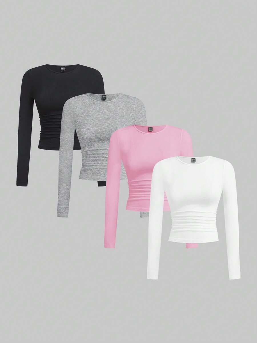 SHEIN EZwear Áo thun nữ tay dài cổ tròn màu trơn, xếp ly, ôm sát, áo croptop nữ, áo croptop tay dài, áo ôm sát, áo tay dài nữ, áo croptop nữ, áo tay dài nữ, mùa thu, quần áo mùa thu cho nữ, áo tay dài. - Hồng - Xem 1