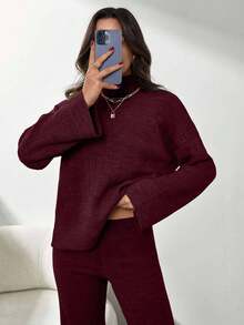 SHEIN Tall Solid Color Long-Sleeved Sweater And Knitted Trousers Two Pieces Set,Petite,Winter Clothes, Tall Women - Burgundy - View 2