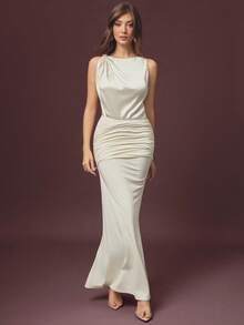 L'Amorae Women Knotted Shoulder Satin Top Business Casual Old Money Elegant Church - Apricot - View 1
