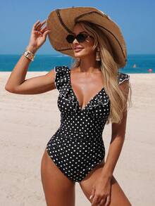 Swim Lushoire Women's Polka Dot Print Ruffle Tie Front One-Piece Swimsuit, Suitable For Summer Beach Vacation - Black and White - View 7