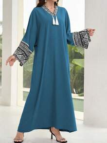 Al Najma 女式优雅几何印花拼接宽松长款开衫连衣裙，秋季 - 藍色 - 查看 5