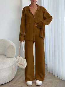 EURMUSE Women Solid Color Collar Neck Front Button Pocket Detailed Pullover & Sweater Pants Set,Petite,Winter Clothes - Brown - View 5
