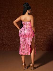 Maweii Plus Size Women's Music Festival/Halloween Party Date Night Fashion Metallic Foil Print Design Stretchy Fabric Ruched Waist Off Shoulder Bodycon Dress - Multicolor - View 2