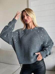 EURMUSE Round Neck Ribbed Pearl Knit Pullover, Casual Daily Wear - Grey - View 4