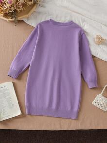 SHEIN Vintaside Kids Girls Toddlers Knitted Sweater Dress For Back-To-School,Autumn Adorable Fluffy Kitten Cartoon Baby Purple Jumper For School,Baby Soft Cat Outfit - Purple - View 3