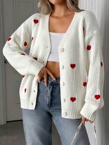 EURMUSE Ivory Chunky Knit Cardigan With Soft Mauve Heart Embroidery And Button Closure - Apricot - View 3