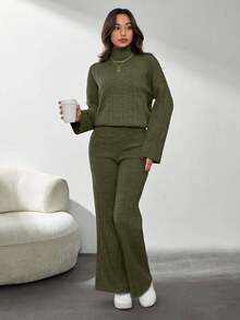 SHEIN Tall 純色長袖毛衣與針織長褲兩件套，小碼，冬季衣物，適合高個女性 - 軍綠色 - 查看 8