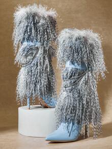 SHUZIA 女士毛绒尖头细高跟及膝靴 - 藍色 - 查看 7