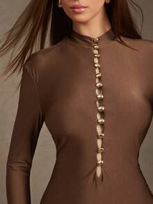 L'Amorae Women Long Knit Dress With Keyhole Button Detail And Dramatic Open Back - Brown - View 2