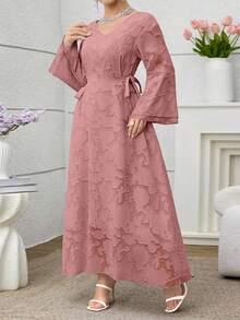 Modelyn V-Neck Jacquard Fabric Waist Bowknot Dress With Flared Hem, Plus Size, Long Sleeve - Pink - View 4