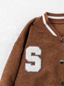 SHEIN Explorewe 2 件套青少年女孩休闲字母植绒夹克和格子裙套装，秋季 - 棕色 - 查看 8