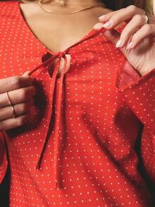 Aralina Christmas Party Dress Holiday Women's Polka Dot Elegant Chic V Neck And Tie Front Lace Up Long Flared Sleeve Slim Fit A Line Chic Flowy Mini Dress Elegant Vacation Outfits Women Party Dress Red Dress Cute Christmas Day Dress And New Years Eve Valentines Day Dress Going Out Outfit