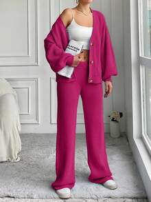 EURMUSE 2pcs Women Sweater Set, Solid Color Cardigan And Knit Pants,Petite,Winter Clothes - Hot Pink - View 6