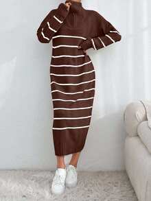 EURMUSE Women's Maxi Length Zipper Stripe Knitwear Dress,Petite - Brown - View 4