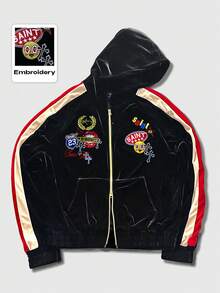 ROMWE MEN Street Life 男士拼色天鹅绒连帽卫衣，长袖街头卫衣 - 黑色 - 查看 1