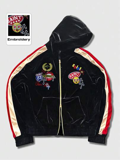 ROMWE MEN Street Life 男士拼色天鹅绒连帽卫衣，长袖街头卫衣