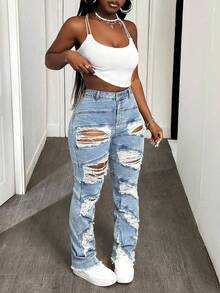 SHEIN SXY 冬季加大码女式破洞牛仔裤，夏季牛仔风，春季女式牛仔裤 - 淺色水洗藍 - 查看 7