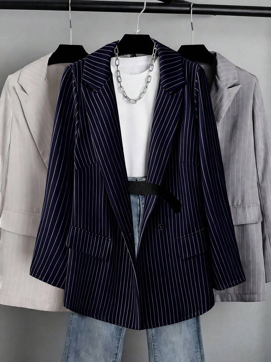 EMERY ROSE Plus Striped Print Lapel Neck Blazer - Blue - View 1