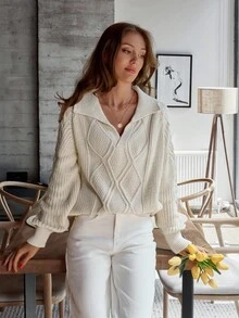 EURMUSE Suéter de cuello de polo de punto grueso - Albaricoque - Ver 3