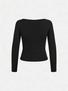 SHEIN Set de 2 piezas: Camiseta de manga larga de color negro sólido y pantalón de chándal de color contrastante para adolescentes, conjunto básico y versátil adecuado para ir al trabajo, la escuela, uso diario casual, viajes, actividades al aire libre, fiestas, otoño/invierno