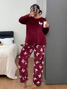Plus Size Butterfly Flannel Long Sleeve Top & Long Pants Fluffy Pajama Set, Cozy Winter Clothes - Red - View 4