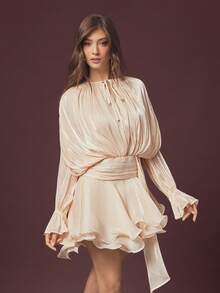 L'Amorae Women's Elegant Ruched Waist Tie Neck Mini Dress, Autumn - Apricot - View 4