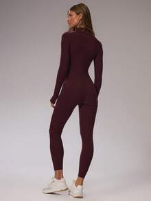 Musera Sport Sport Brushed Fitted Zip Through Long Sleeve Jumpsuit Autumn Fall  Active Sport Gym Workout Lounge Yoga Pilates Fitness Daily Casual - Burgundy - View 4