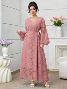 Modelyn V-Neck Jacquard Fabric Waist Bowknot Dress With Flared Hem, Plus Size, Long Sleeve - Pink - View 5