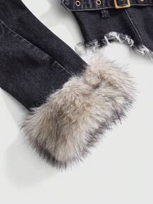 ROMWE Hippie Y2K 毛绒领女式牛仔夹克 - 黑色 - 查看 4