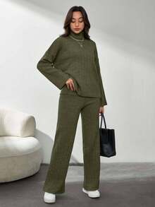 SHEIN Tall 純色長袖毛衣與針織長褲兩件套，小碼，冬季衣物，適合高個女性 - 軍綠色 - 查看 5