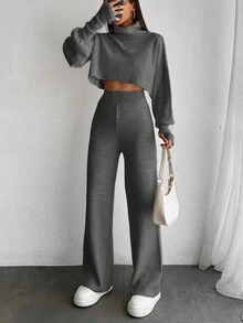 EURMUSE 2pcs Set: Turtleneck Puff Sleeve Solid Color Sweater Top And Pants, Knitted - Dark Grey - View 4