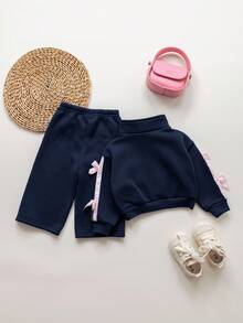 SHEIN Babygirl Cute Versatile Gray Bow Collar Sweatshirt Set, Autumn/Winter Autumn And Winter Two Pieces Suit Baby Girl Winter Clothes Baby Girls Sets Baby Girl Tracksuit Girls Two Pieces Set Two Pieces Winter Outfits For Baby Girl - Navy Blue - View 2