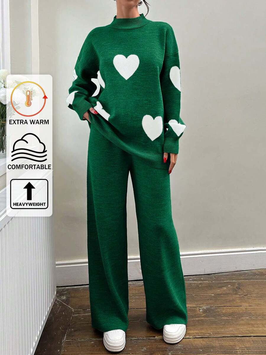 EURMUSE Conjunto de 2 peças de suéter e calça com estampa de coração e gola redonda para mulheres - Multicolorido - Ver 1