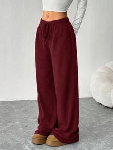 SHEIN EZwear 女士休闲纯色宽松罗纹针织裤舒适阔腿裤酒红色阔腿裤阔腿针织裤女士阔腿裤阔腿运动裤舒适裤酒红色裤女士阔腿裤，秋季，女士秋装 - 酒紅色 - 查看 4