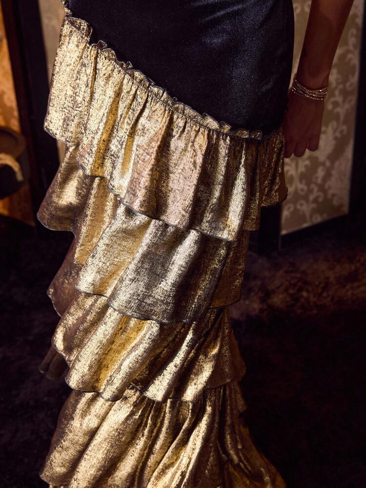 MOTF Soiréza ELEGANTE VESTIDO DE NOCHE DE UNA SOLA MANGA LARGA AJUSTADO DE LARGO HASTA EL SUELO CON VOLANTES MULTICAPA PARA FIESTAS DE CÓCTEL Y GALAS
